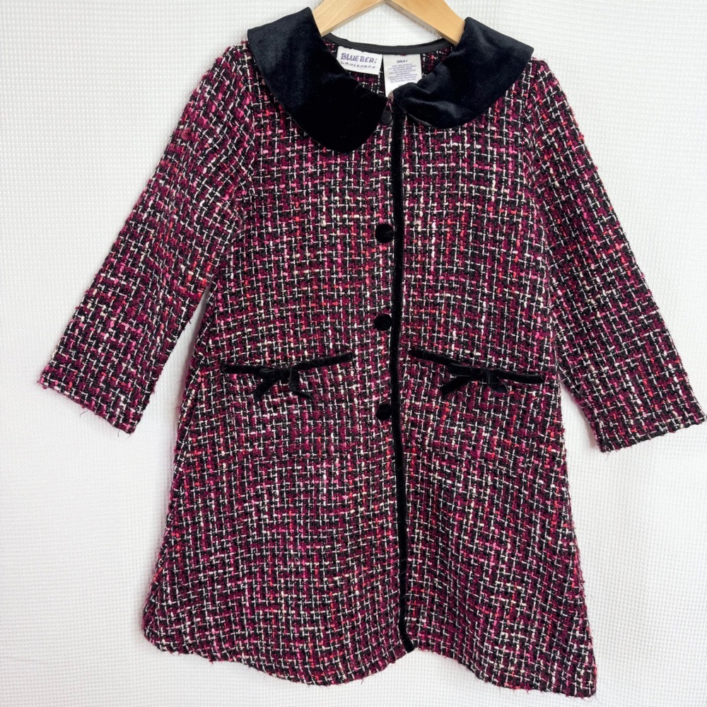 Blueberi Boulevard Girls Pink Black Tweed Coat Velvet Collar Bows Size 4 Holiday